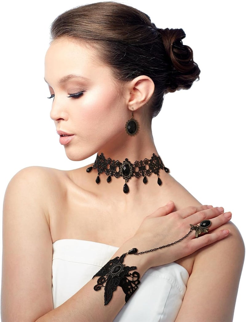ELLEZZA Gothic Victorian Style Vampire Choker Necklace Bracelet Earrings Set,Halloween Pirate Steampunk Witch Vampire Costume Accessories Jewelry for Women,Adjustable Size - Image 2
